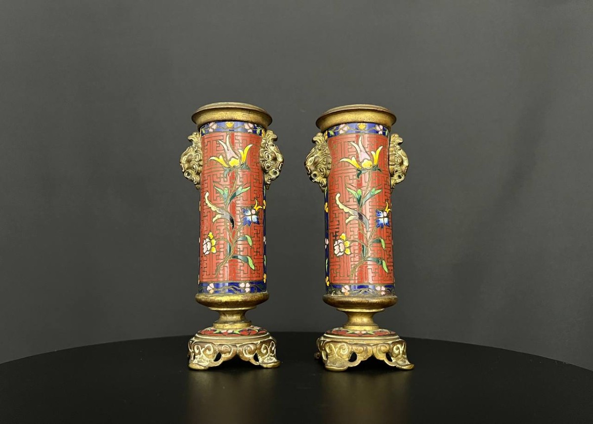 Pair Of Bronze Vases With Cloisonné Enamels