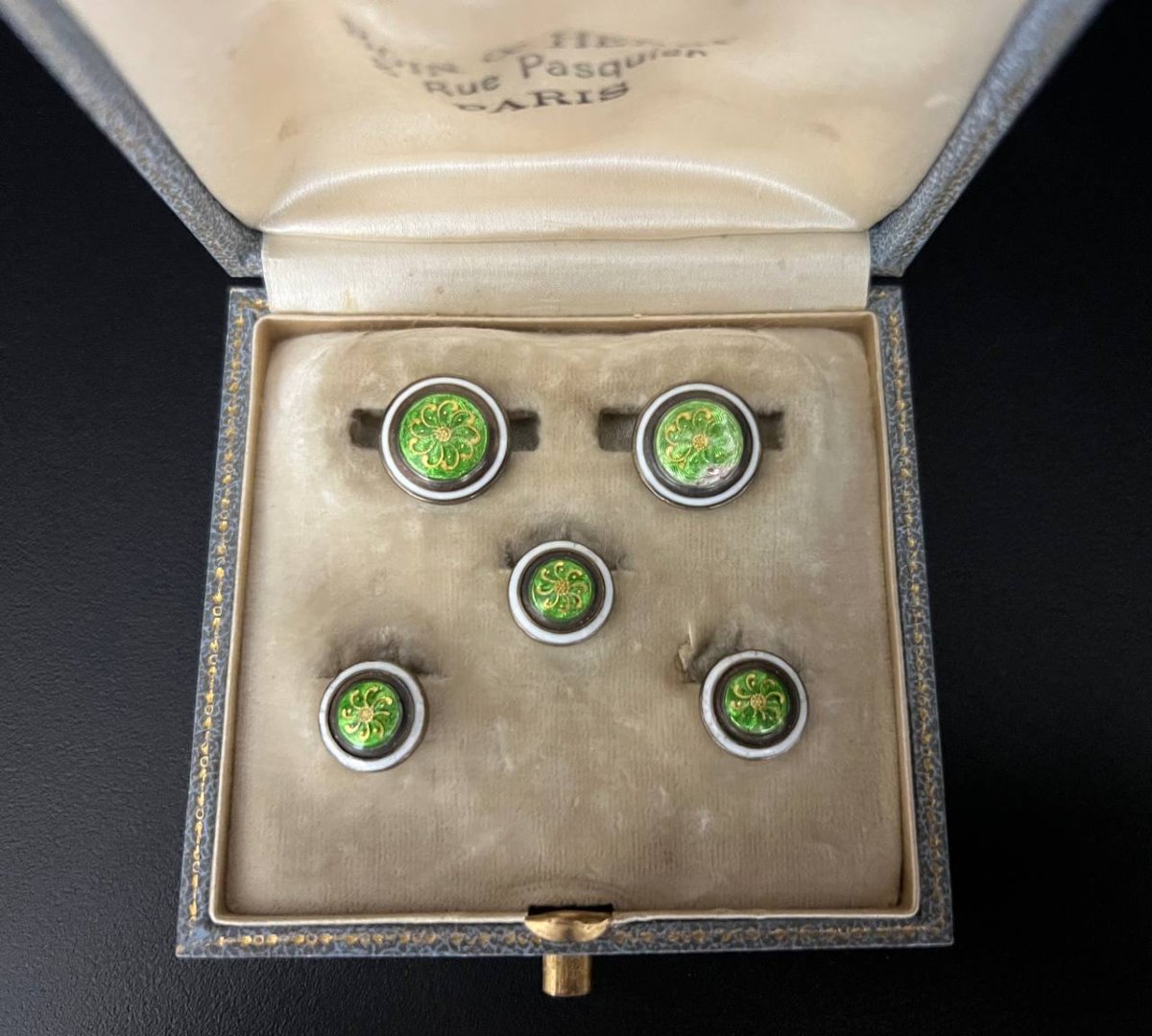 Green Guilloché Enamel Cufflinks And Breastplate Buttons, Belle époque Art Nouveau-photo-2