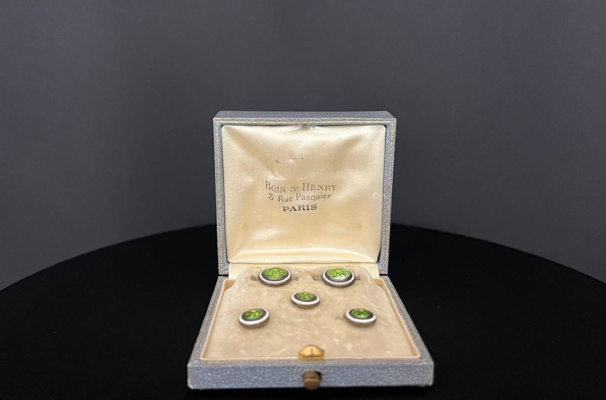 Green Guilloché Enamel Cufflinks And Breastplate Buttons, Belle époque Art Nouveau-photo-3