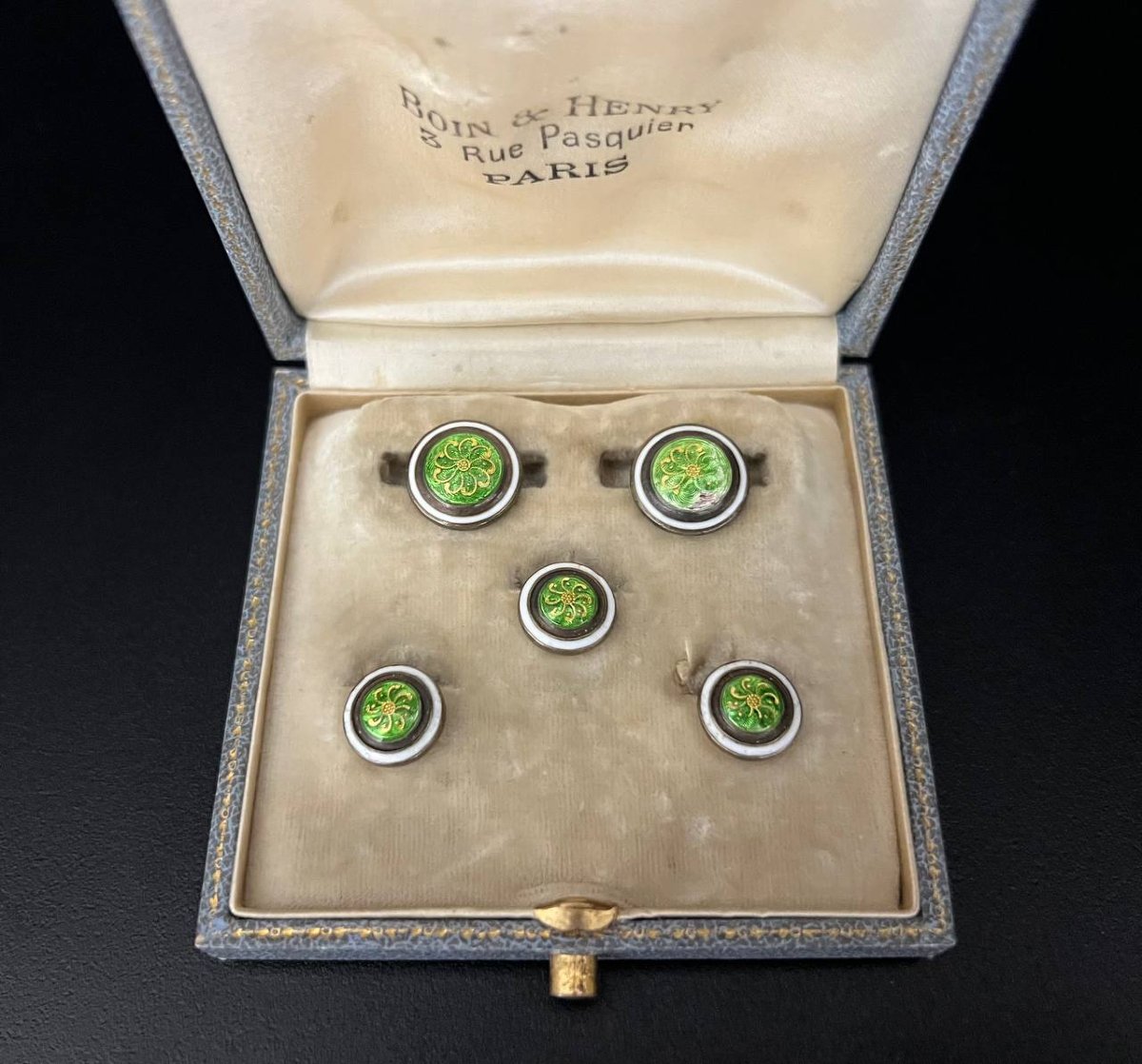 Green Guilloché Enamel Cufflinks And Breastplate Buttons, Belle époque Art Nouveau-photo-4