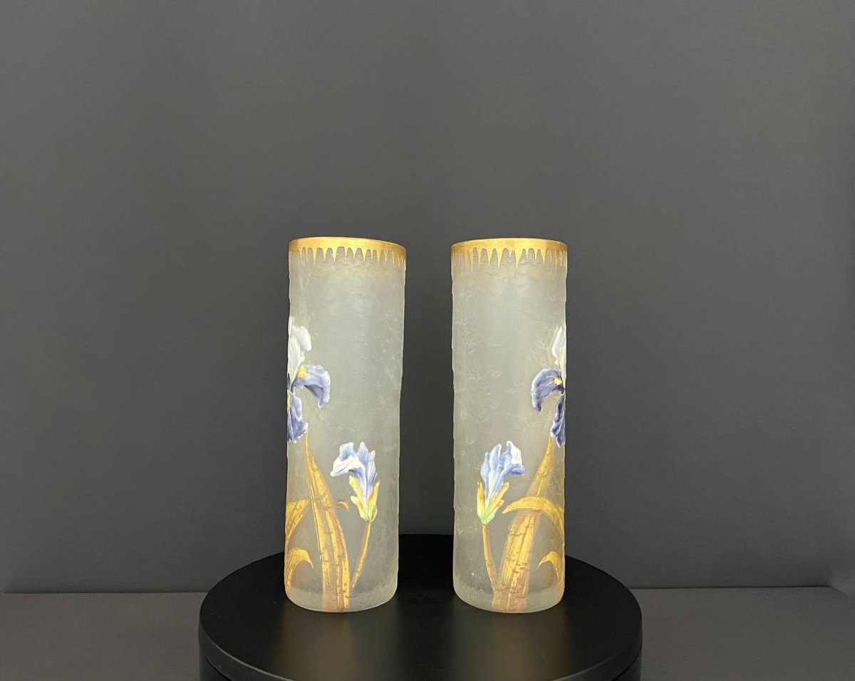 Pair Of Legras & Montjoye Vases – Iris Decoration, Art Nouveau, Circa 1900-photo-2