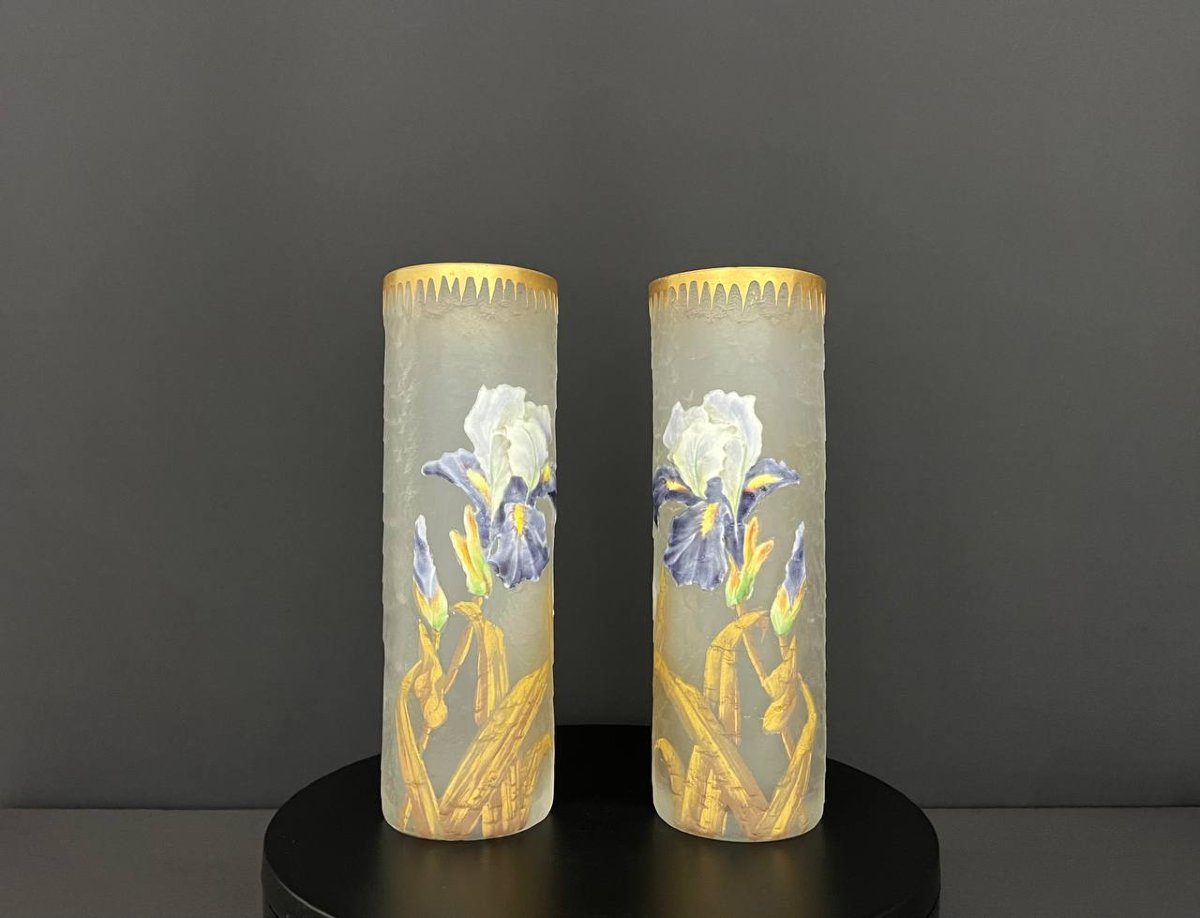Pair Of Legras & Montjoye Vases – Iris Decoration, Art Nouveau, Circa 1900-photo-3
