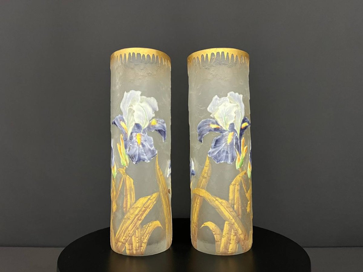 Pair Of Legras & Montjoye Vases – Iris Decoration, Art Nouveau, Circa 1900-photo-4
