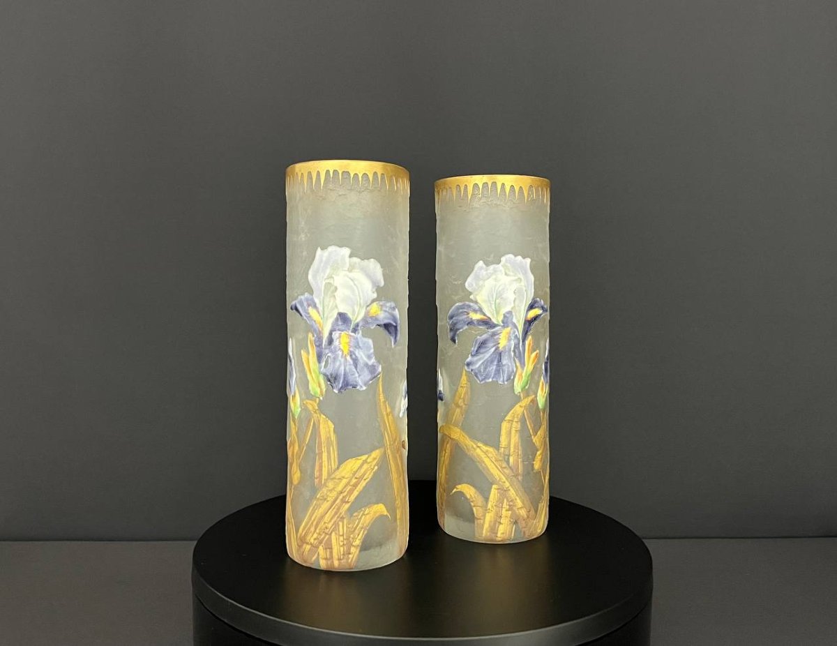 Pair Of Legras & Montjoye Vases – Iris Decoration, Art Nouveau, Circa 1900-photo-2