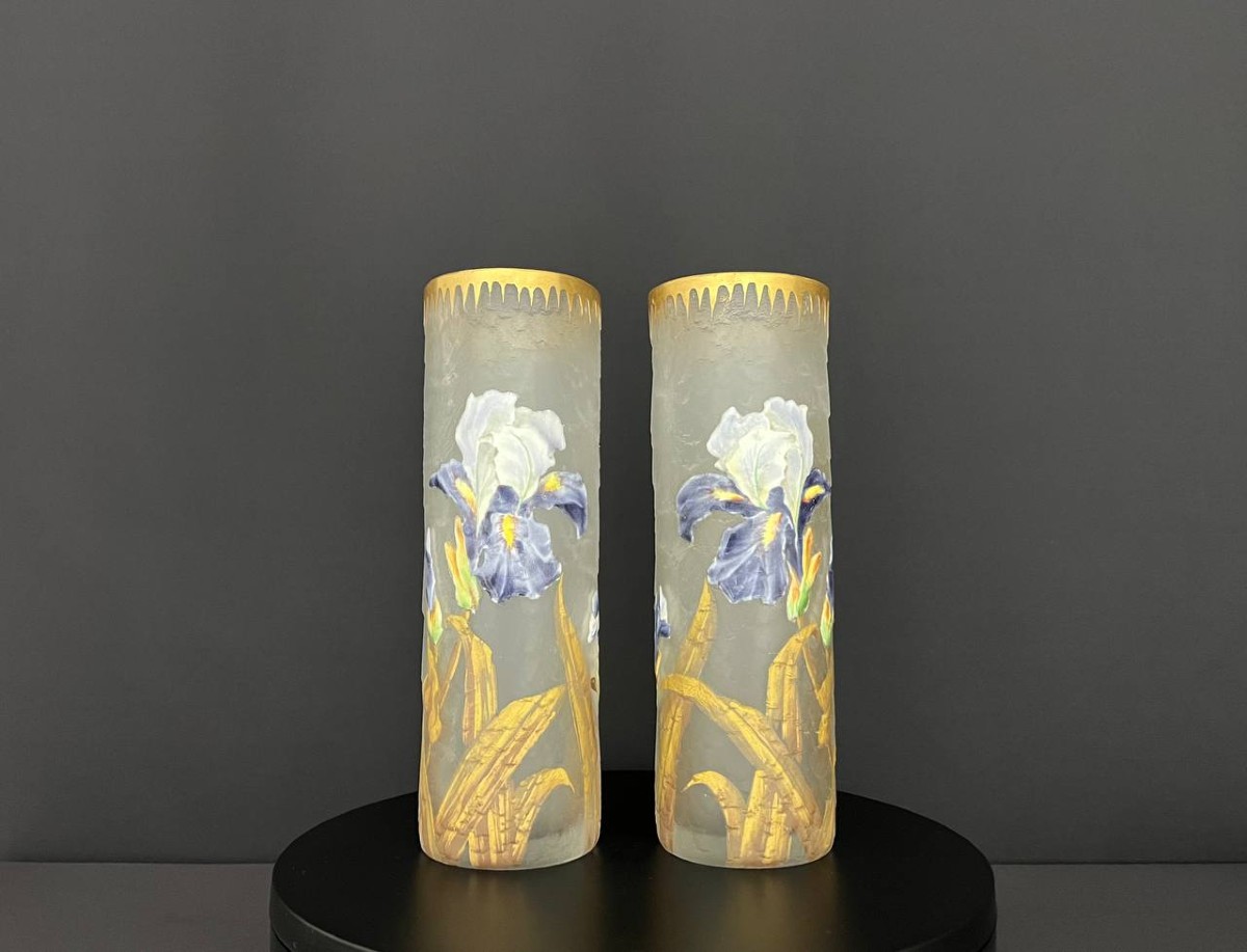 Pair Of Legras & Montjoye Vases – Iris Decoration, Art Nouveau, Circa 1900