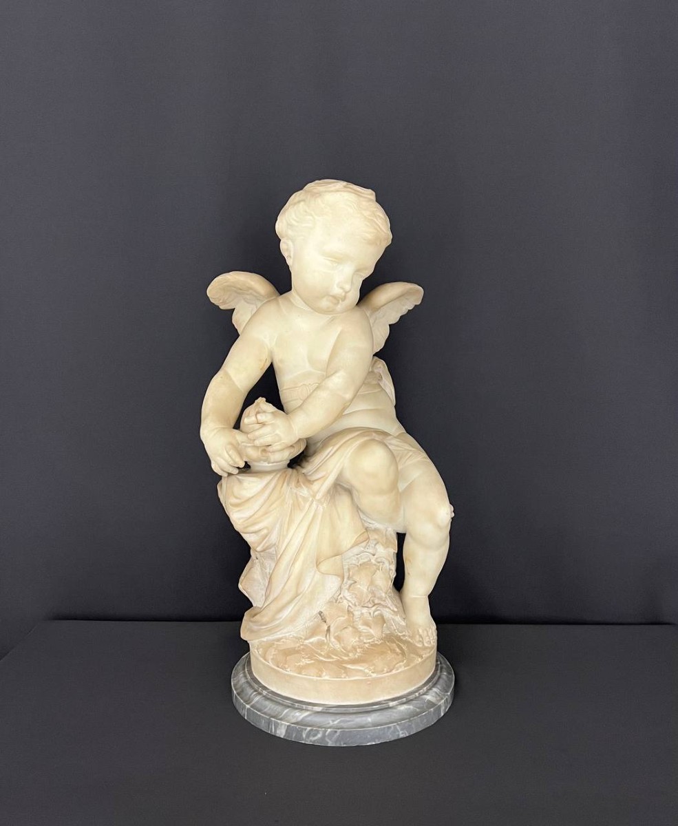 Large Sculpture Of A Winged Putto With A Torch, French Work, Late 19th Century