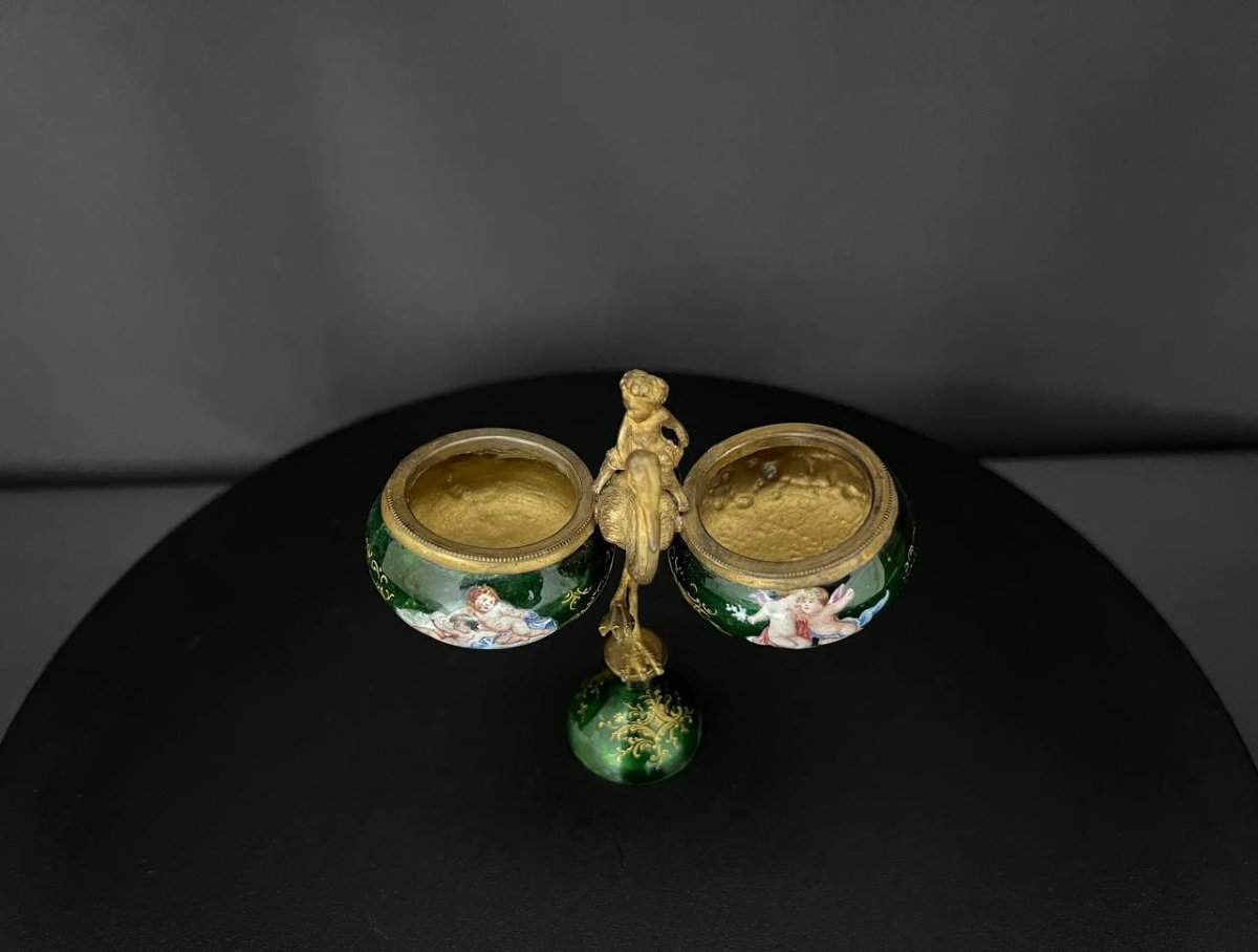 Antique Double Salt Cellar In Enameled And Gilded Brass, Decorated With Cherubs, Circa 1880-photo-7