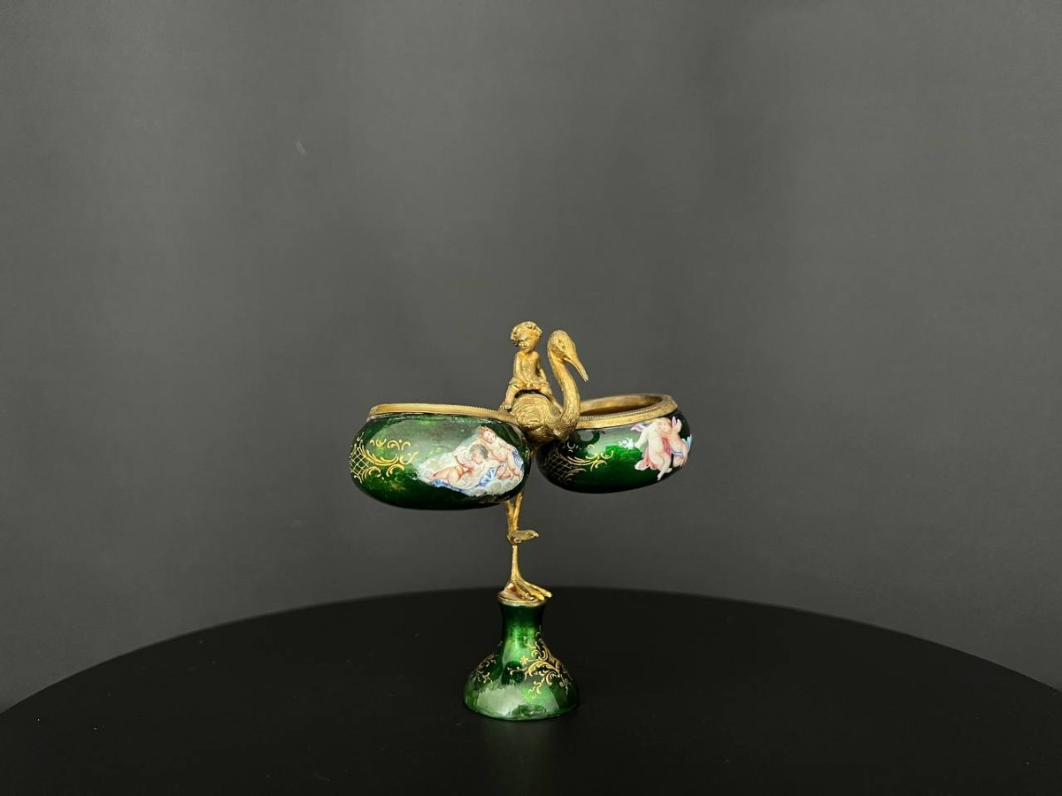Antique Double Salt Cellar In Enameled And Gilded Brass, Decorated With Cherubs, Circa 1880