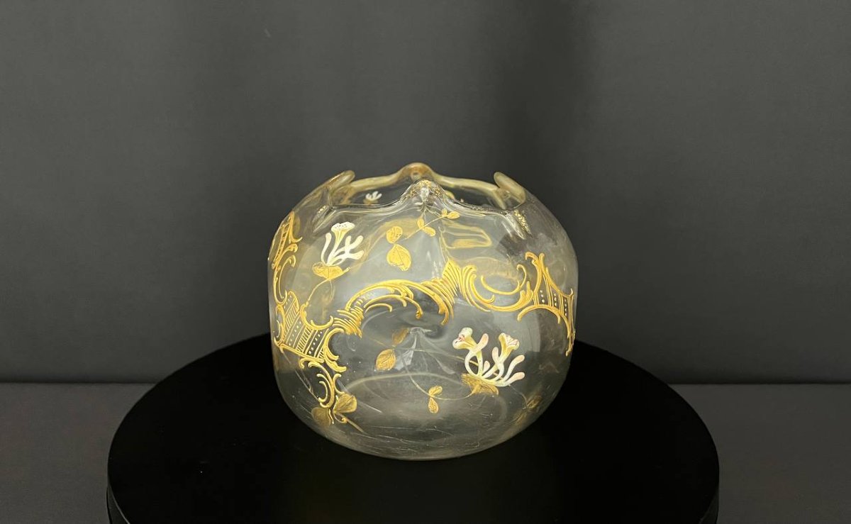 Vase ancien forme boule en verre émaillé et doré, décor floral, vers 1900-photo-2