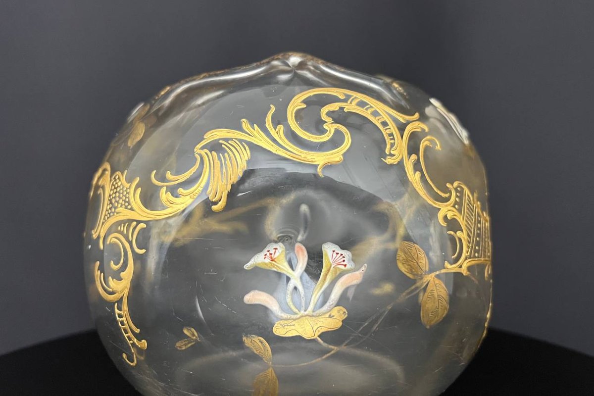 Vase ancien forme boule en verre émaillé et doré, décor floral, vers 1900-photo-4