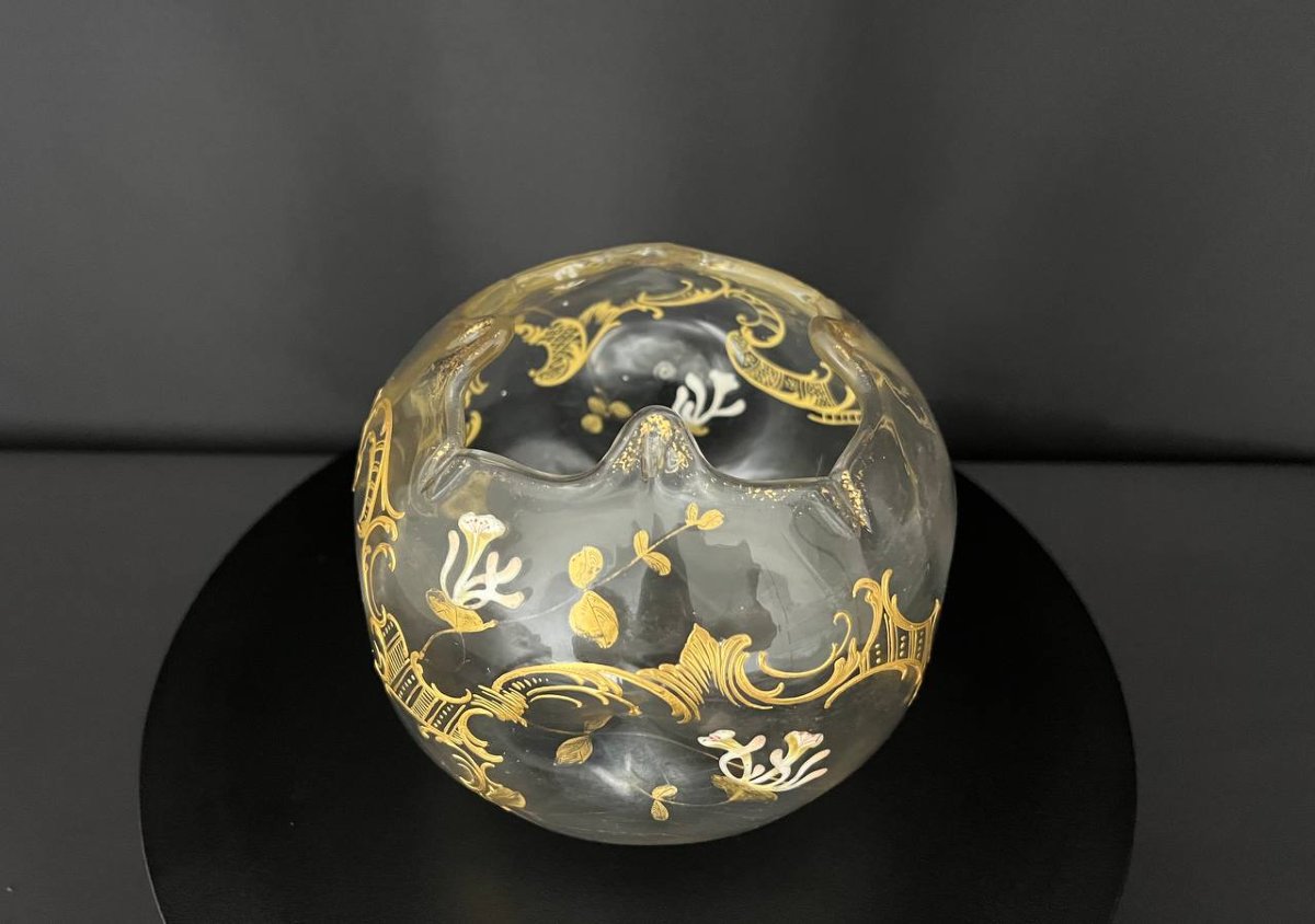 Vase ancien forme boule en verre émaillé et doré, décor floral, vers 1900-photo-2