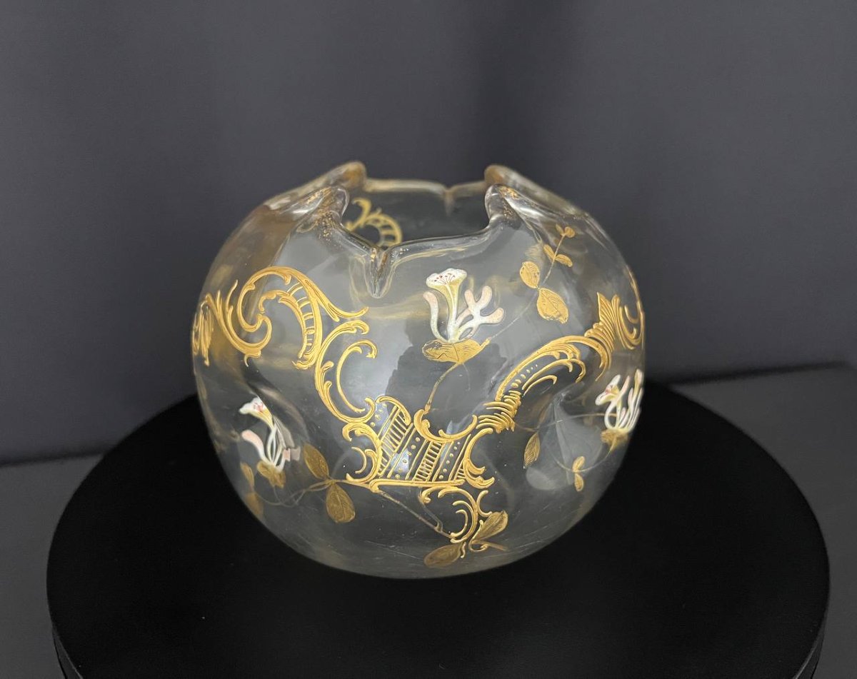 Vase ancien forme boule en verre émaillé et doré, décor floral, vers 1900-photo-3