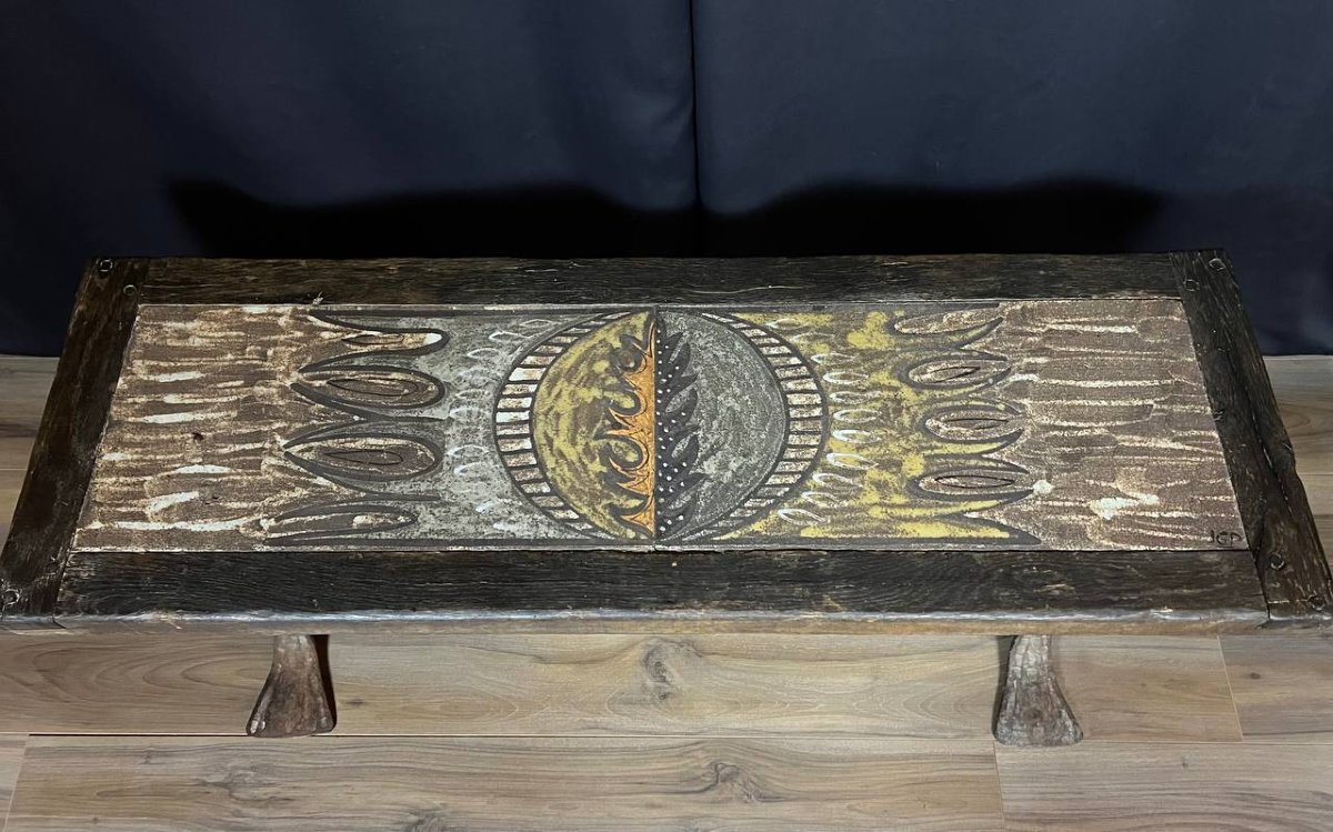 Coffee Table Designed By Jg Picard – Ceramic, Wood And Wrought Iron-photo-3