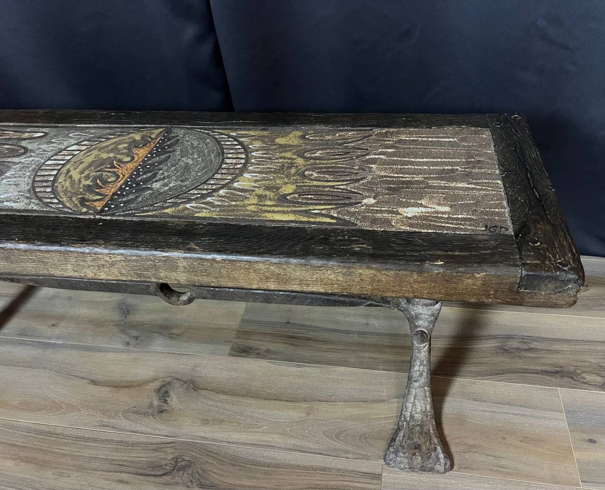 Coffee Table Designed By Jg Picard – Ceramic, Wood And Wrought Iron-photo-1