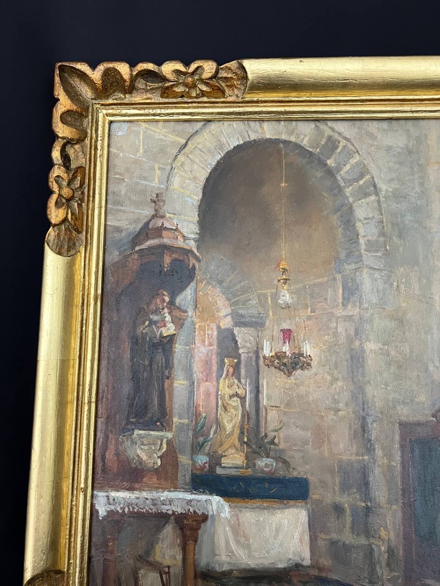 Huile sur panneau – Intérieur d’église - Alphonse Cellier -photo-2