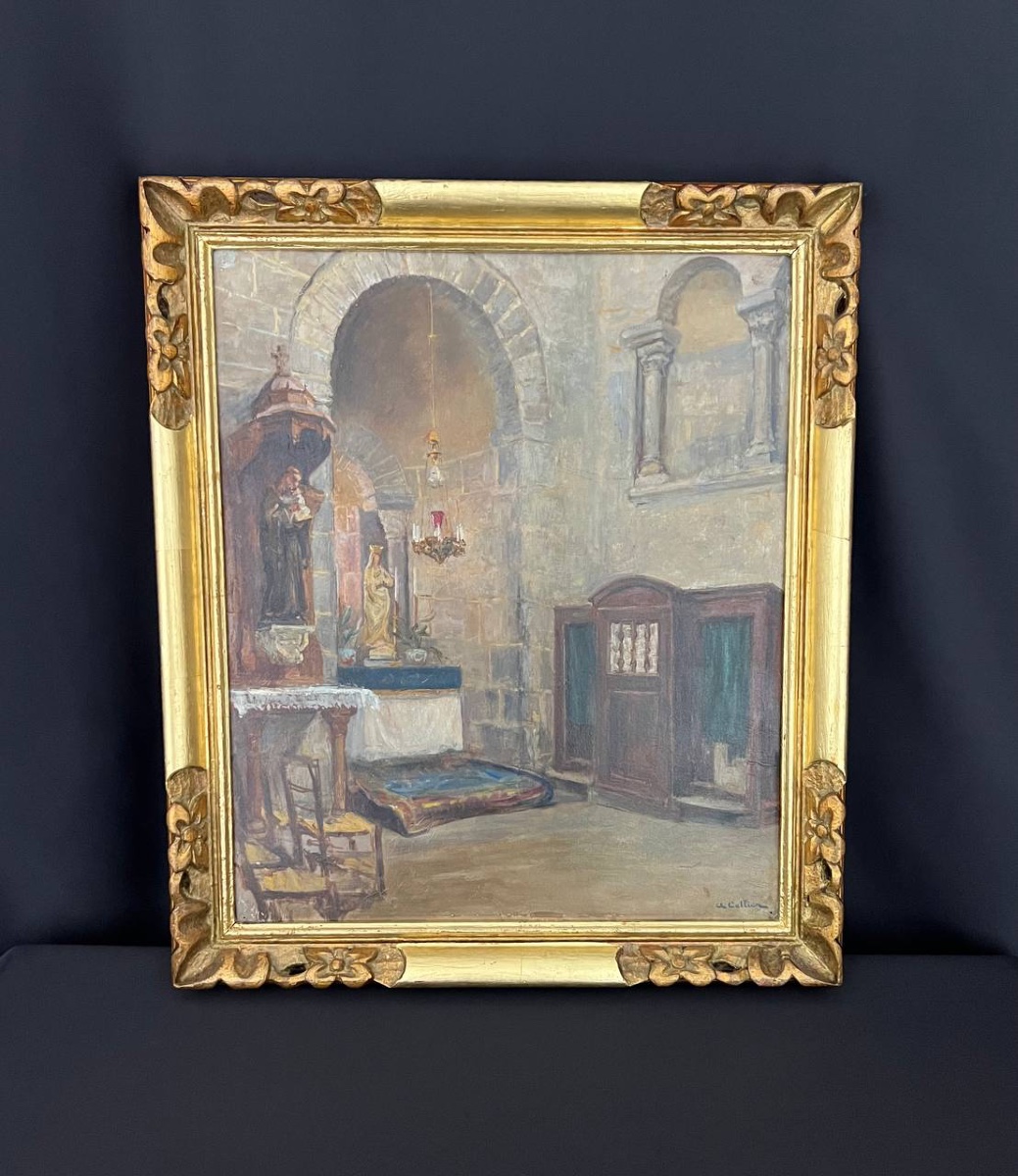 Huile sur panneau – Intérieur d’église - Alphonse Cellier 
