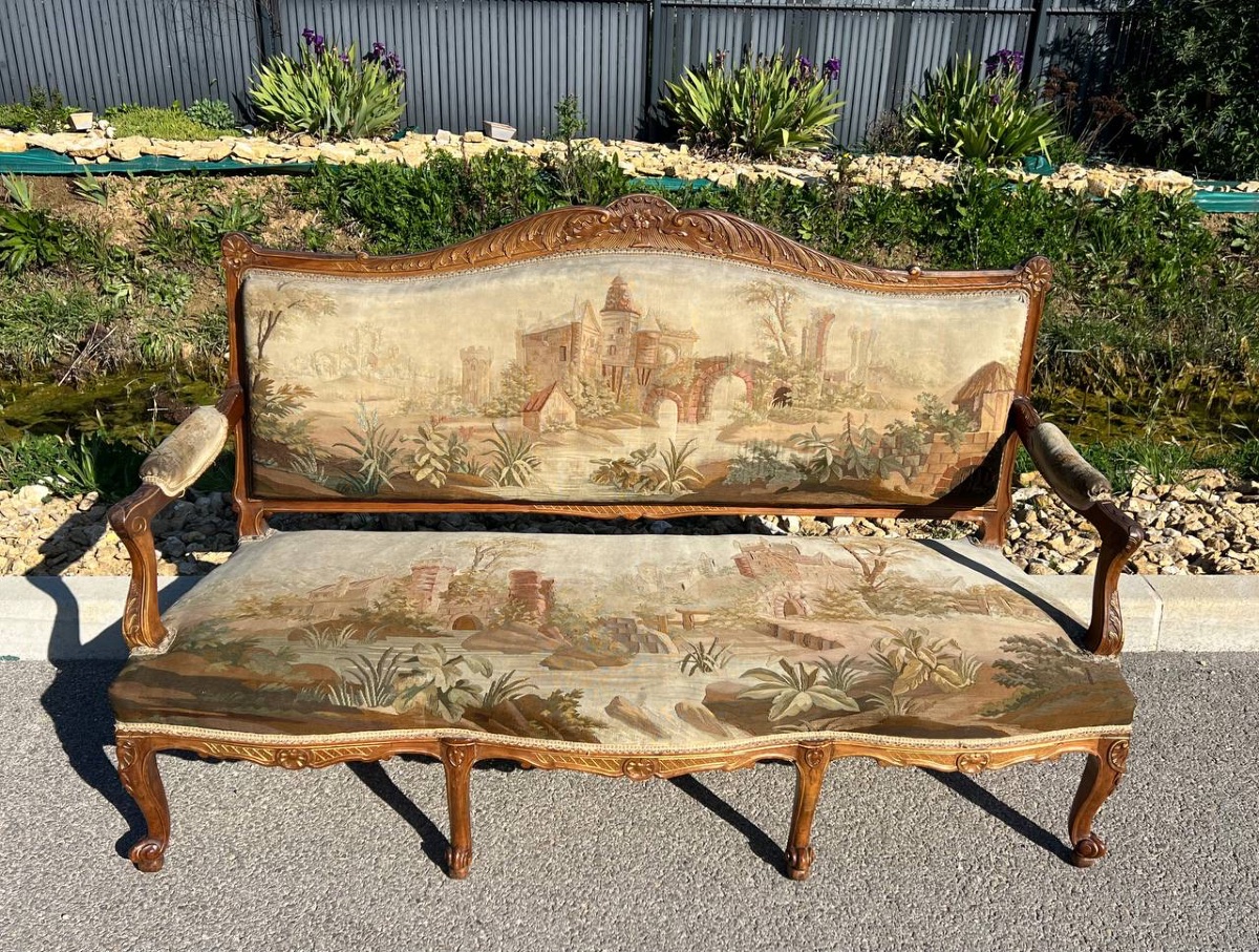 Napoleon III Period Sofa, Regency Style, Original Aubusson-style Tapestry-photo-3