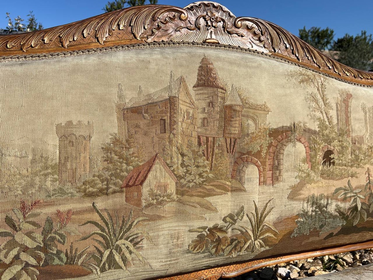 Napoleon III Period Sofa, Regency Style, Original Aubusson-style Tapestry-photo-2