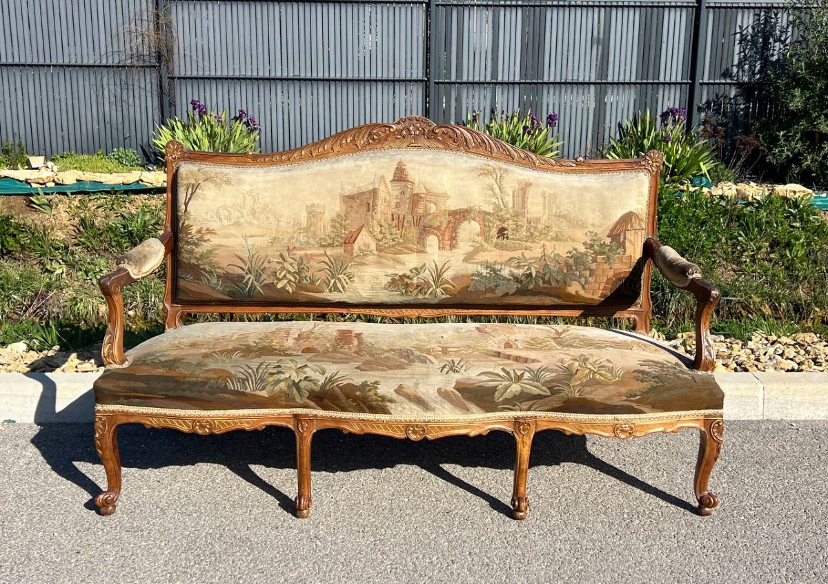 Napoleon III Period Sofa, Regency Style, Original Aubusson-style Tapestry
