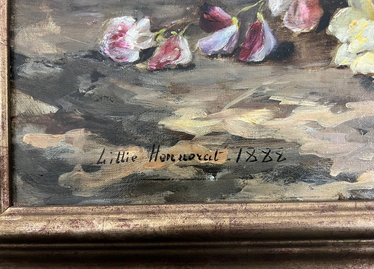 Huile sur toile, nature morte aux fleurs. Lillie Honnarat 1888-photo-4