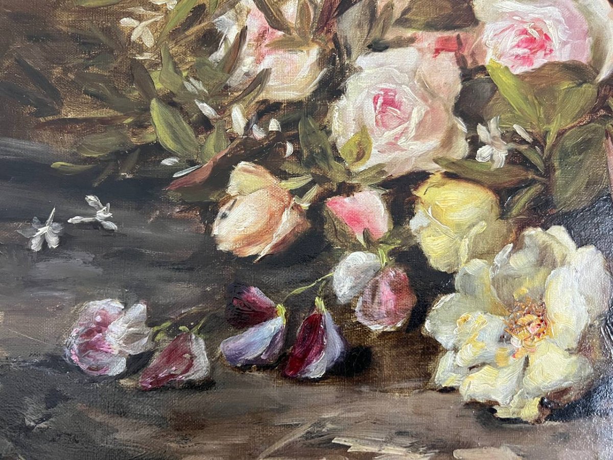 Huile sur toile, nature morte aux fleurs. Lillie Honnarat 1888-photo-1
