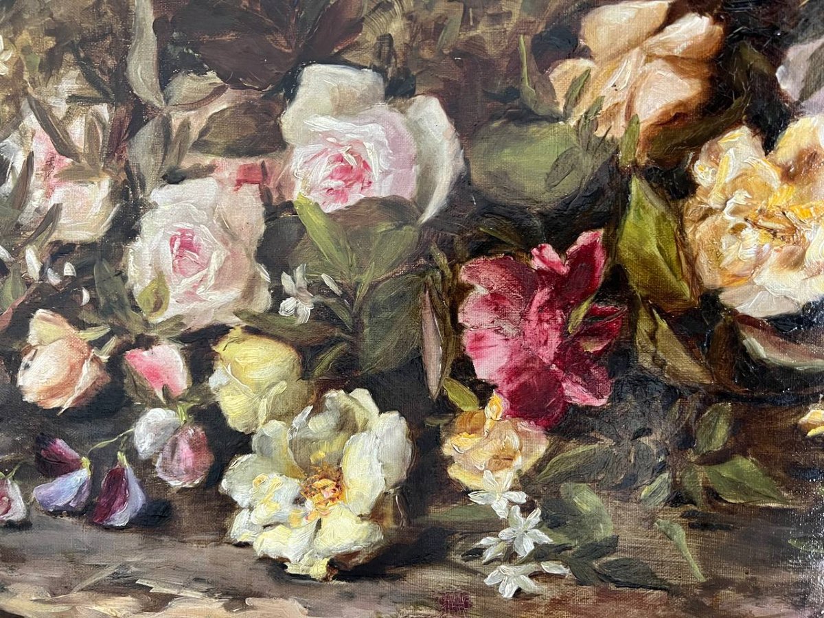 Huile sur toile, nature morte aux fleurs. Lillie Honnarat 1888-photo-2