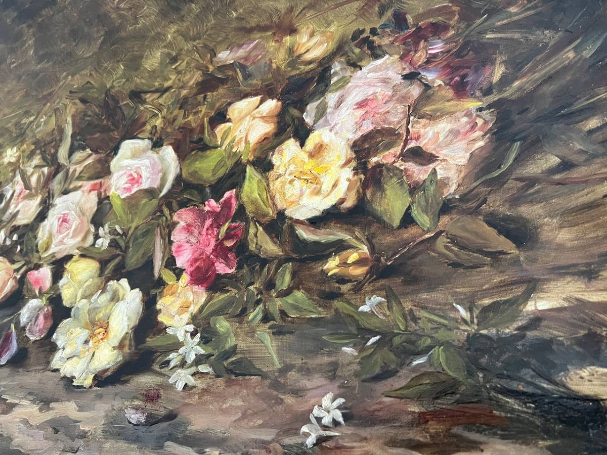 Huile sur toile, nature morte aux fleurs. Lillie Honnarat 1888-photo-5