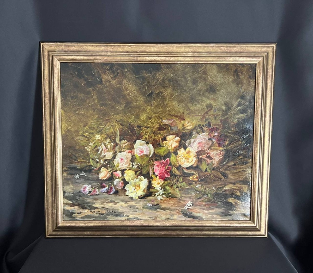 Huile sur toile, nature morte aux fleurs. Lillie Honnarat 1888