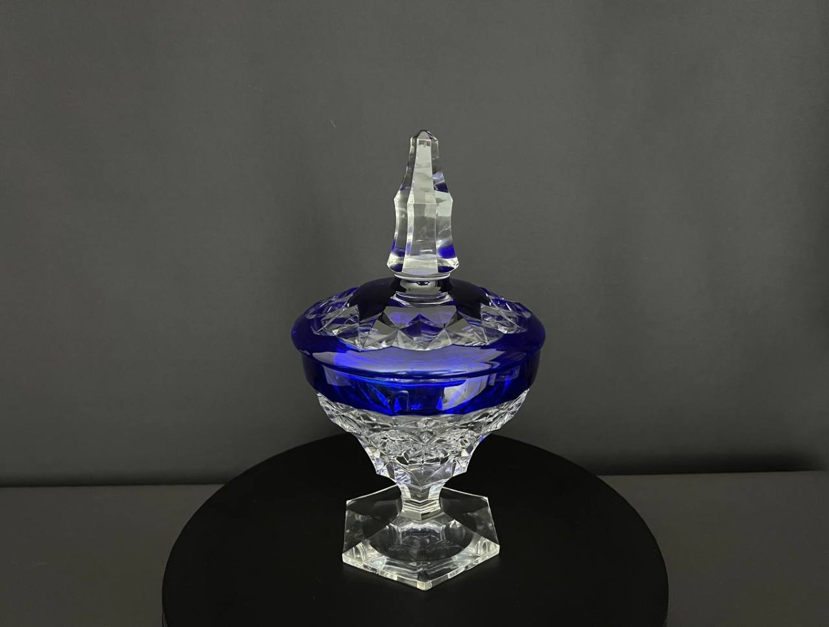 Bonbonnière couverte en cristal taillé bleu overlay Val Saint Lambert-photo-2