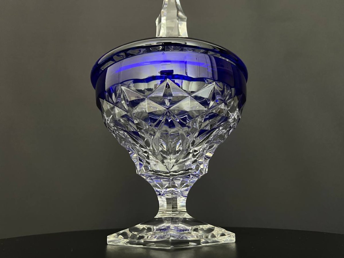 Bonbonnière couverte en cristal taillé bleu overlay Val Saint Lambert-photo-3