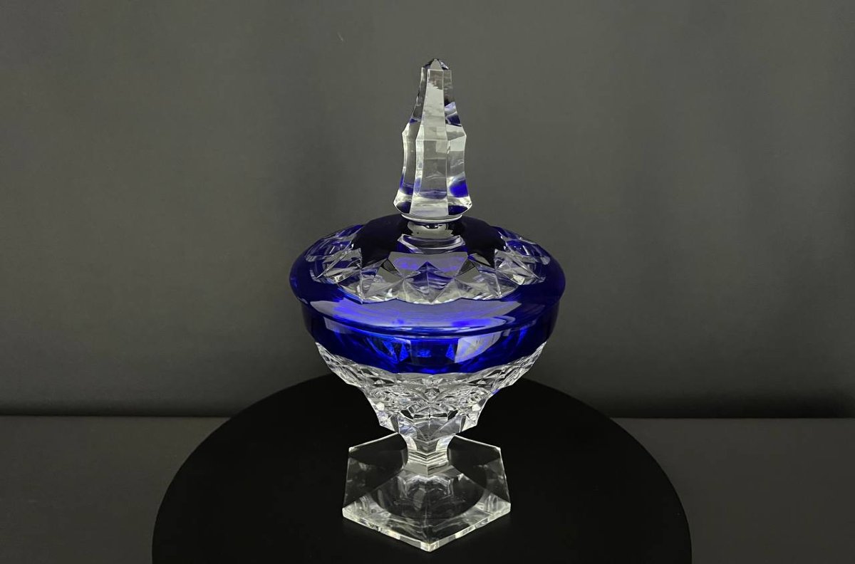 Bonbonnière couverte en cristal taillé bleu overlay Val Saint Lambert-photo-2