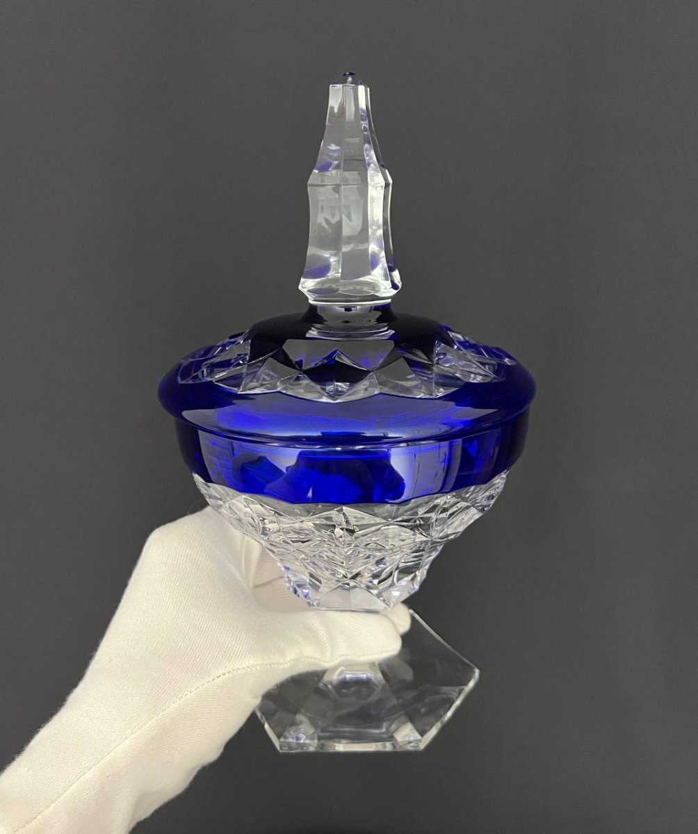 Bonbonnière couverte en cristal taillé bleu overlay Val Saint Lambert-photo-3