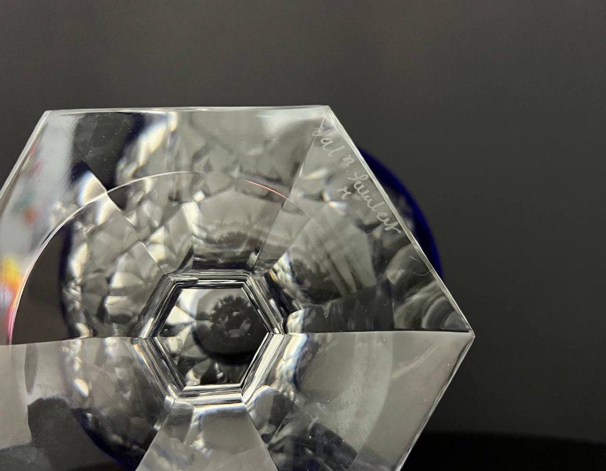 Bonbonnière couverte en cristal taillé bleu overlay Val Saint Lambert-photo-5