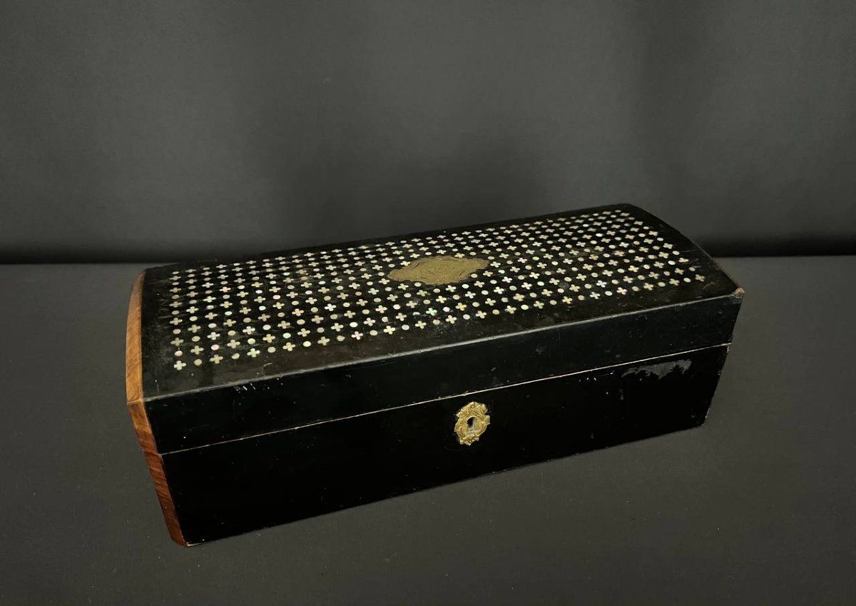 Antique Glove Box In Blackened Wood And Mother-of-pearl Marquetry, 19th Century-photo-4