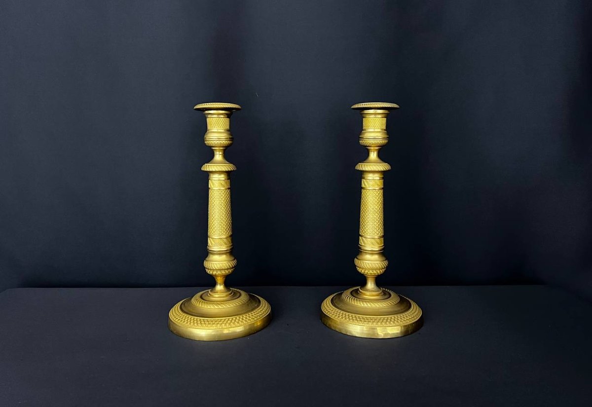 Pair Of Gilt Brass Candlesticks, Empire Style, Finely Chiseled Decoration-photo-1