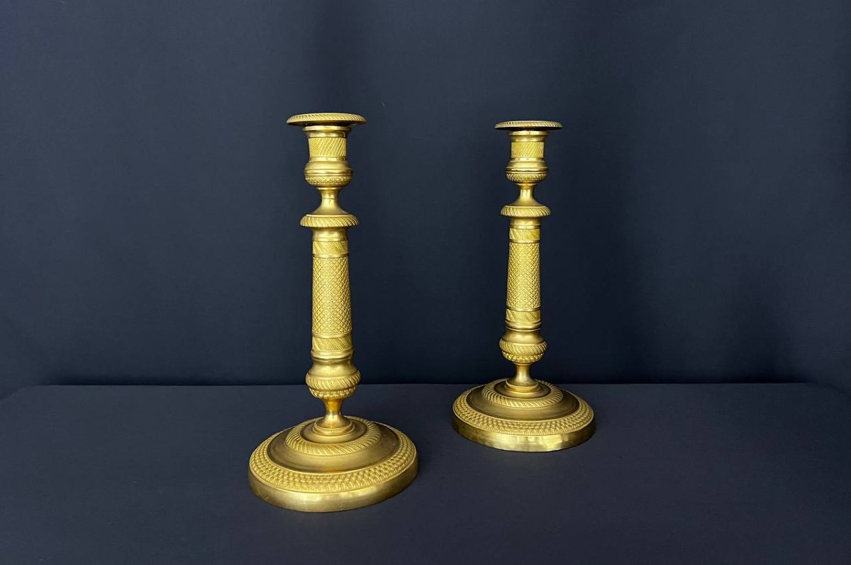 Pair Of Gilt Brass Candlesticks, Empire Style, Finely Chiseled Decoration-photo-2
