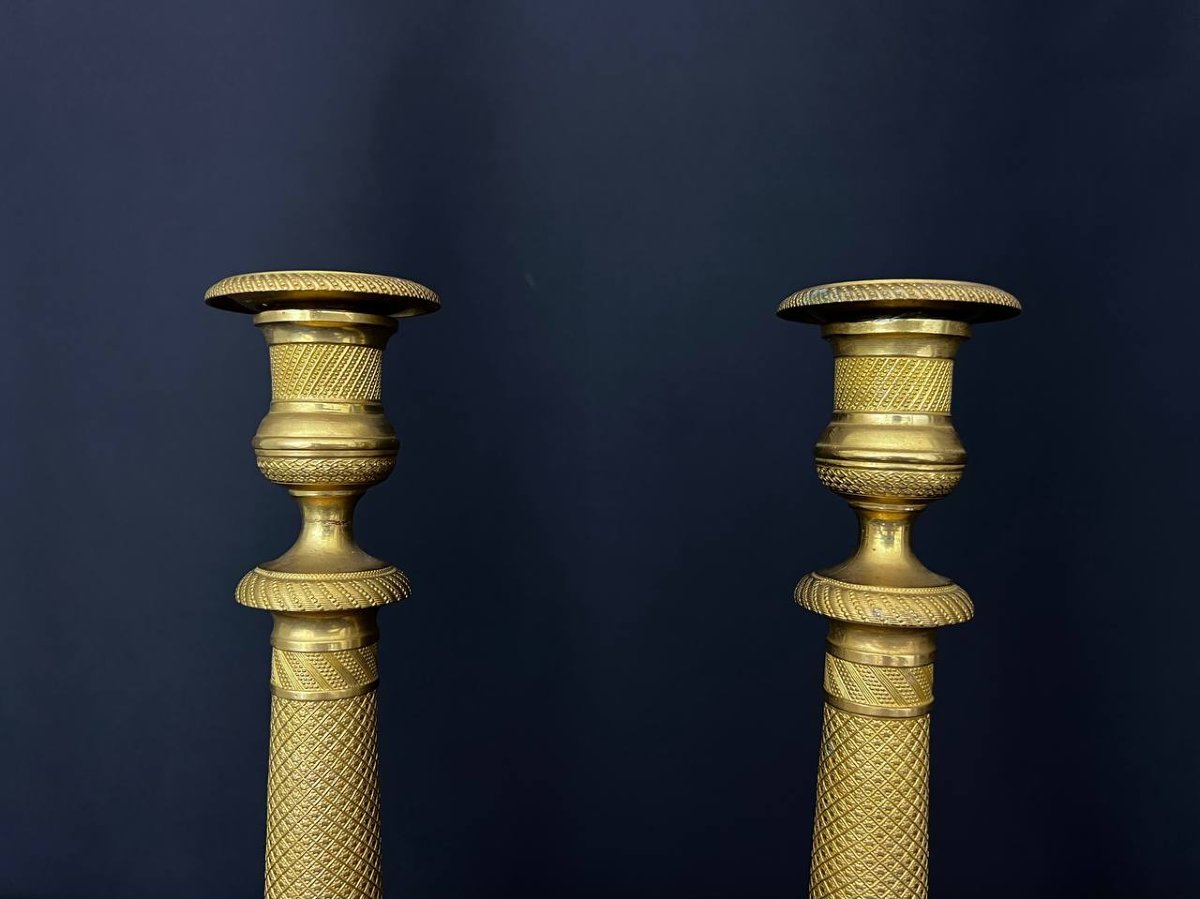 Pair Of Gilt Brass Candlesticks, Empire Style, Finely Chiseled Decoration-photo-6