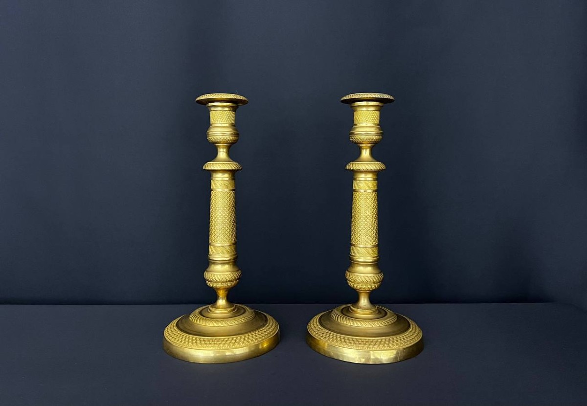 Pair Of Gilt Brass Candlesticks, Empire Style, Finely Chiseled Decoration