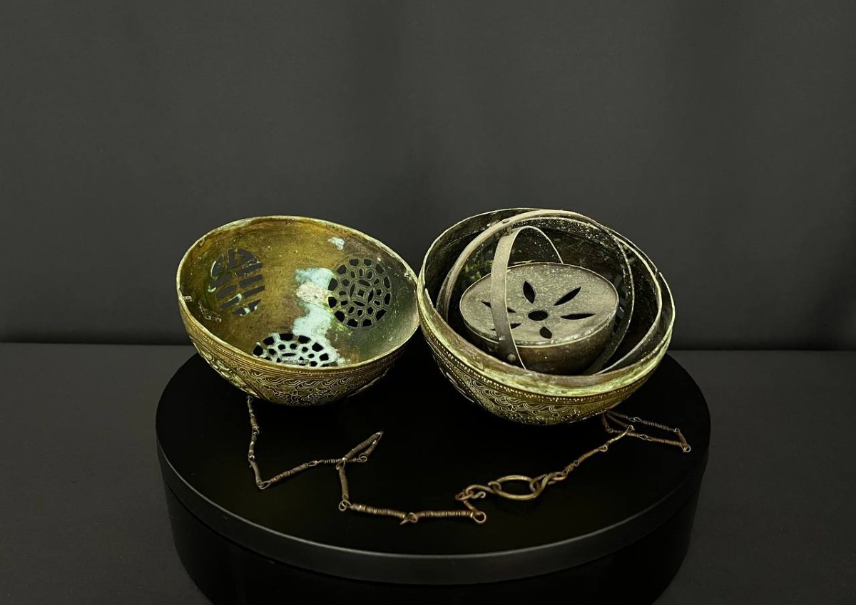 Rare Antique Spherical Openwork Brass Incense Burner, China, Qing Dynasty, 19th Century-photo-2