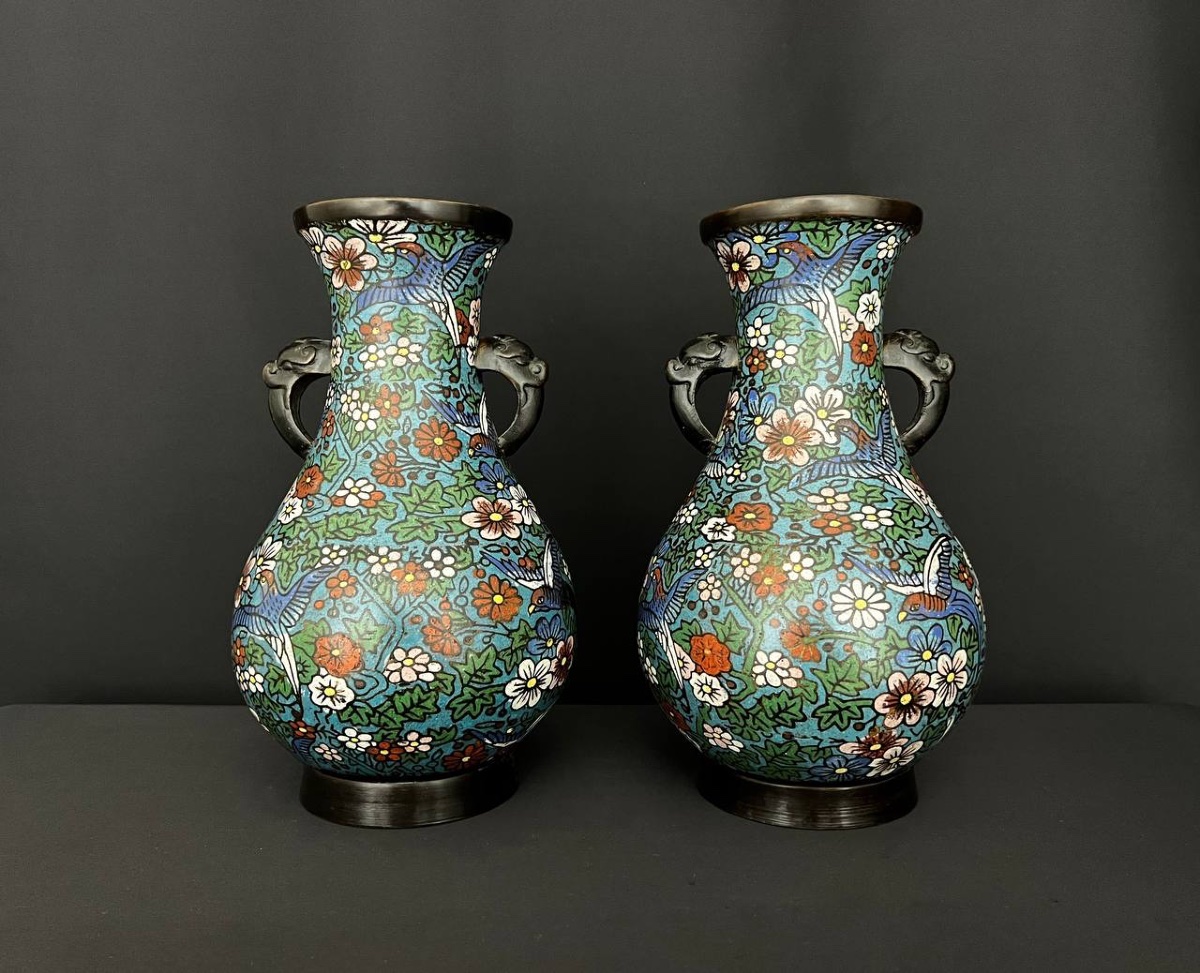 Pair Of Cloisonné Vases, Floral And Bird Decoration, Asia -photo-1