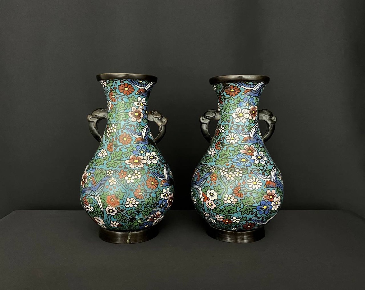 Pair Of Cloisonné Vases, Floral And Bird Decoration, Asia -photo-2