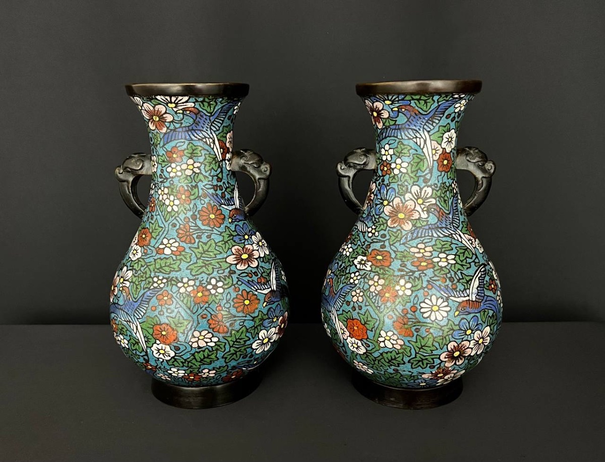 Pair Of Cloisonné Vases, Floral And Bird Decoration, Asia -photo-3