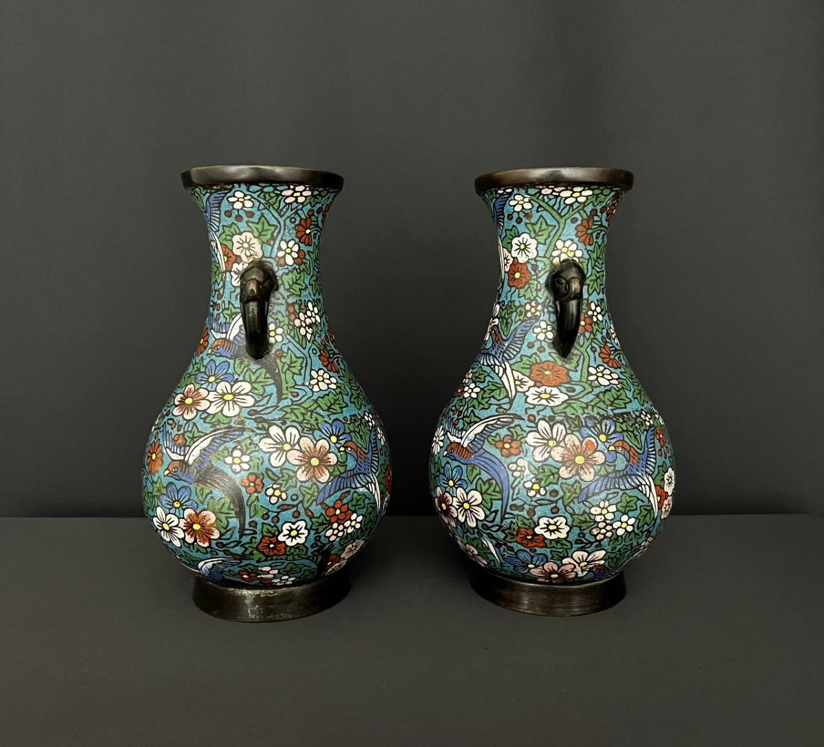 Pair Of Cloisonné Vases, Floral And Bird Decoration, Asia -photo-4