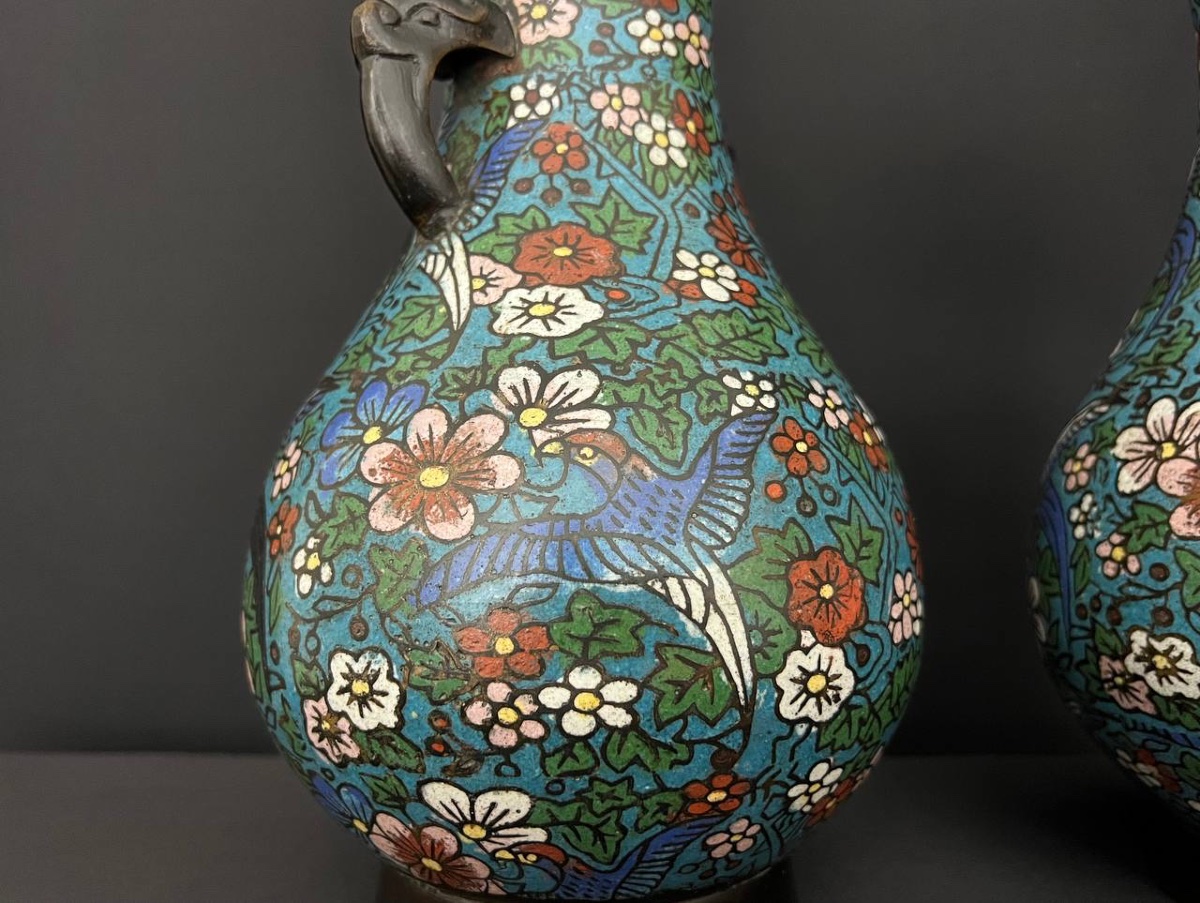 Pair Of Cloisonné Vases, Floral And Bird Decoration, Asia -photo-5