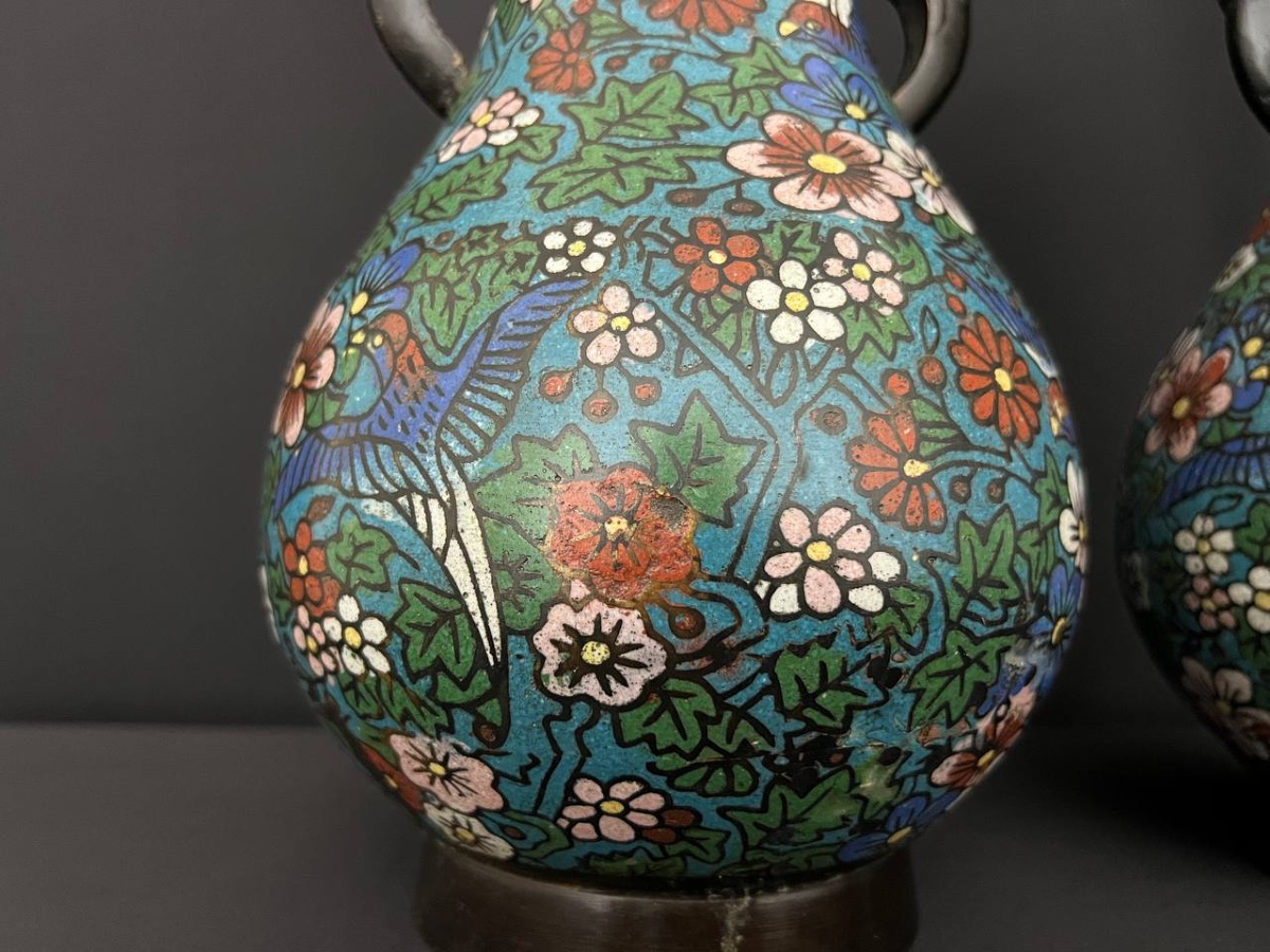 Pair Of Cloisonné Vases, Floral And Bird Decoration, Asia -photo-6
