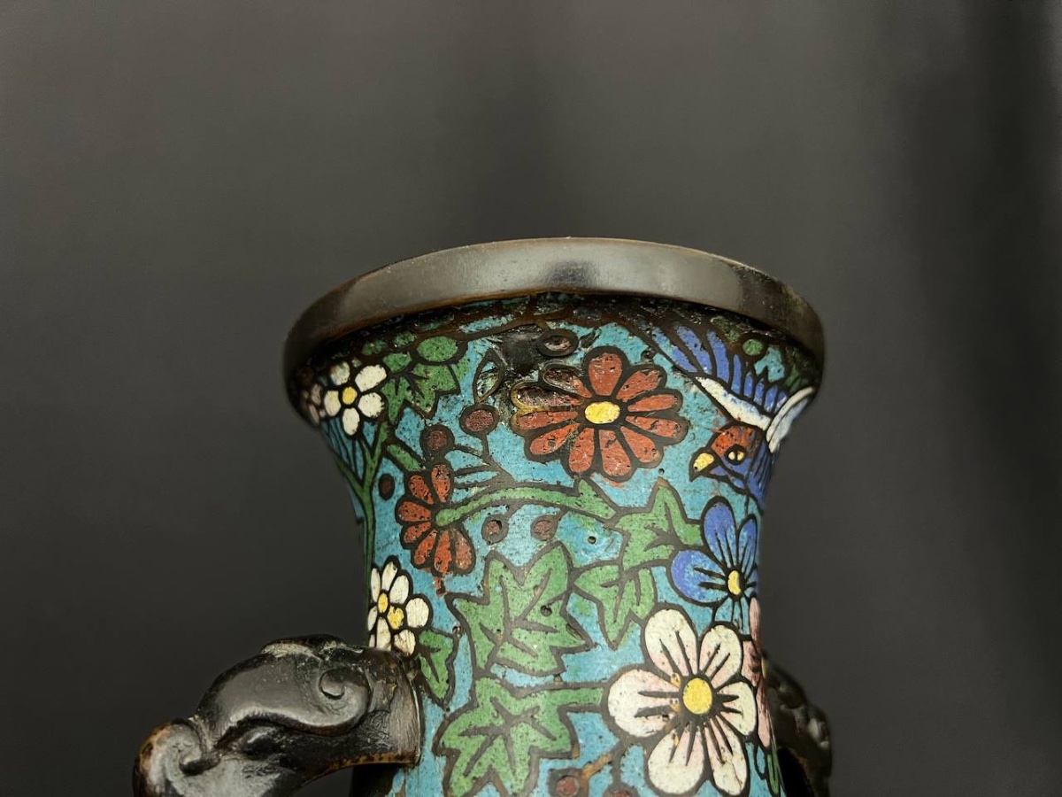Pair Of Cloisonné Vases, Floral And Bird Decoration, Asia -photo-7