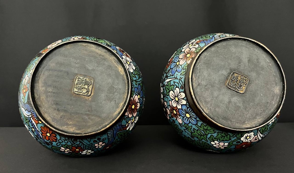 Pair Of Cloisonné Vases, Floral And Bird Decoration, Asia -photo-8