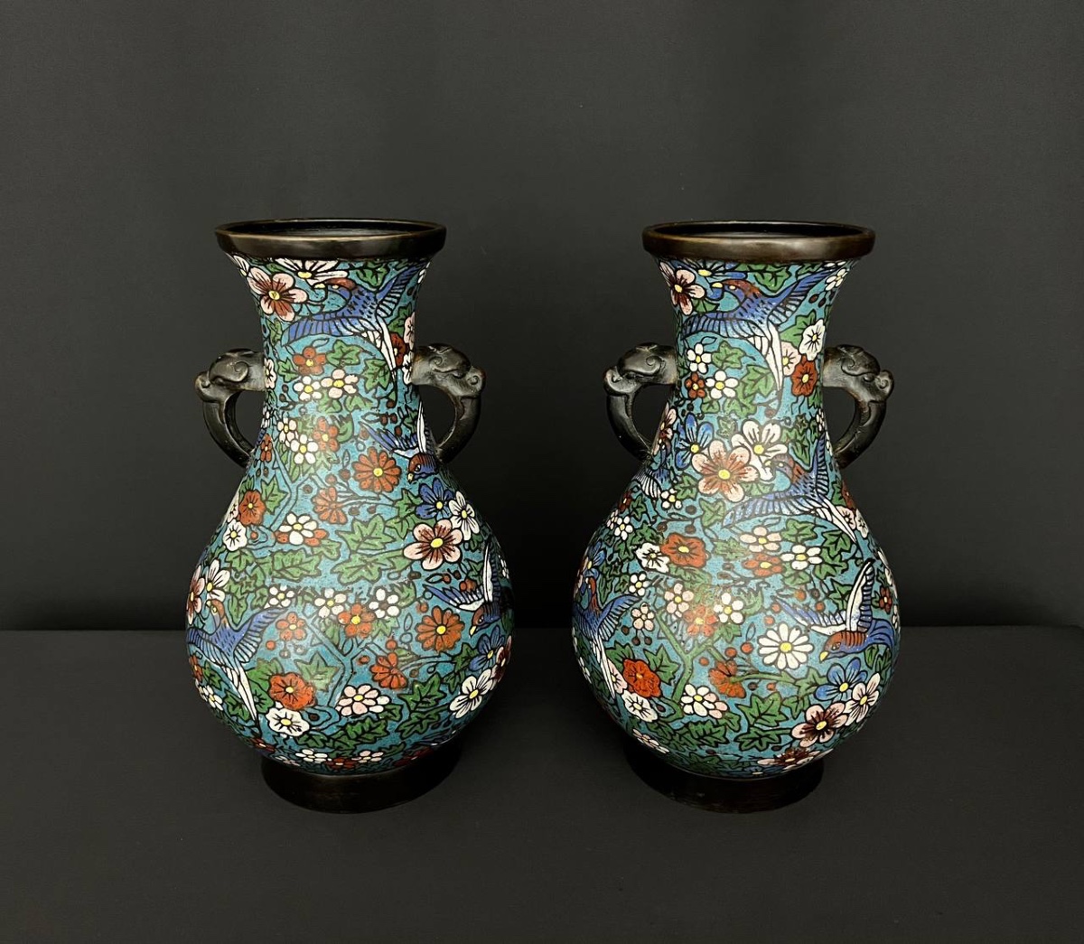 Pair Of Cloisonné Vases, Floral And Bird Decoration, Asia 