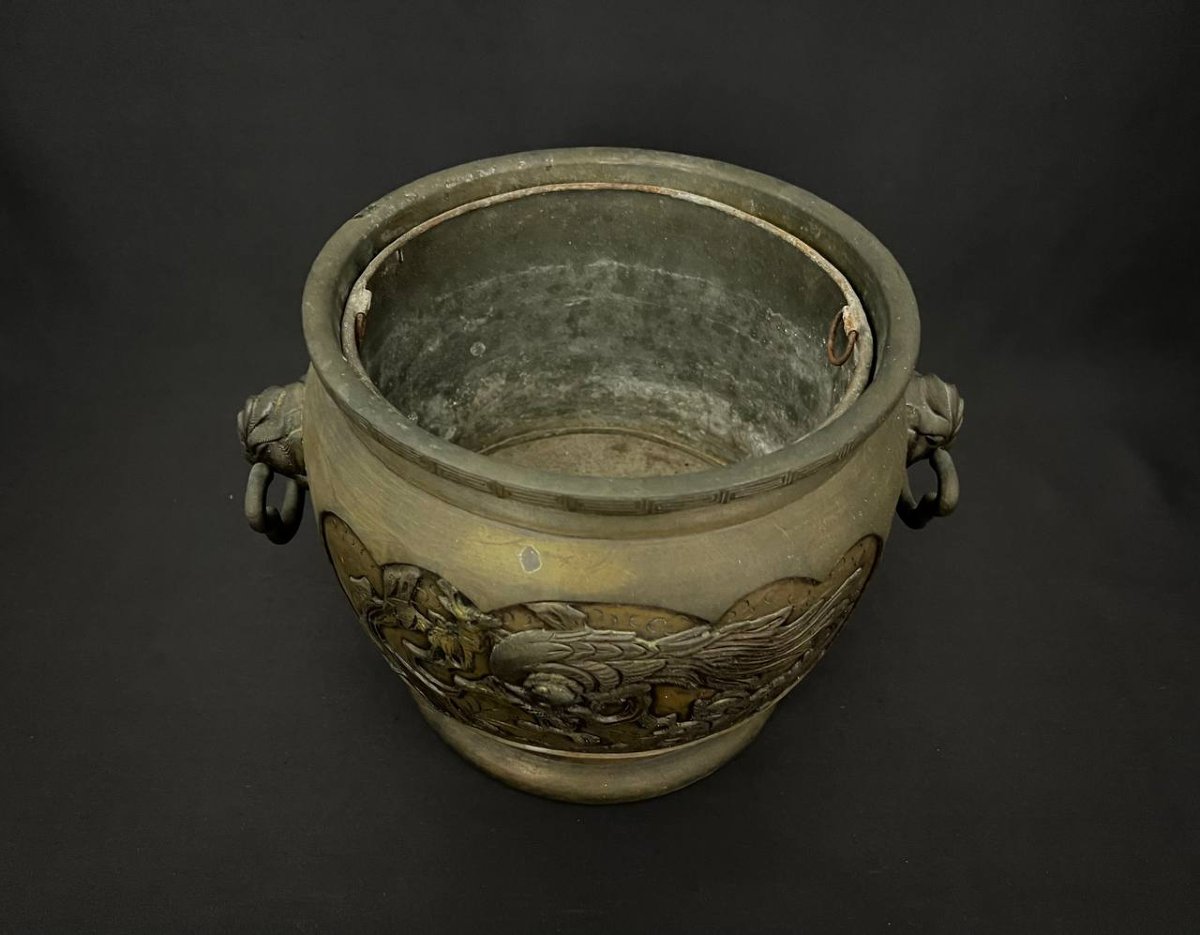 Grande jardinière japonisante en bronze à décor de phénix et oiseaux, fin XIXe siècle-photo-3