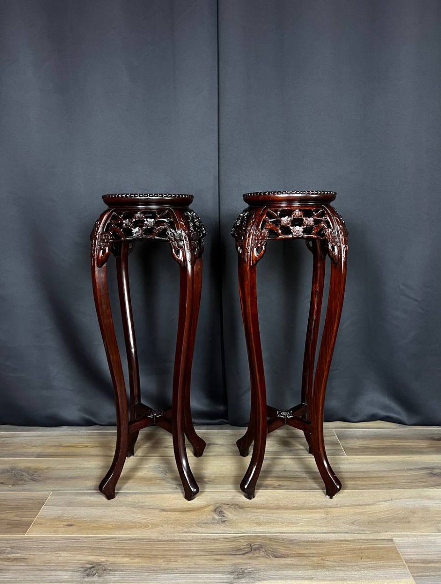 Pair Of Chinese Side Tables In Carved Wood And Marble-photo-1
